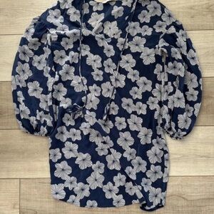 Trina Turk Gray and White Puff Sleeve Blouse